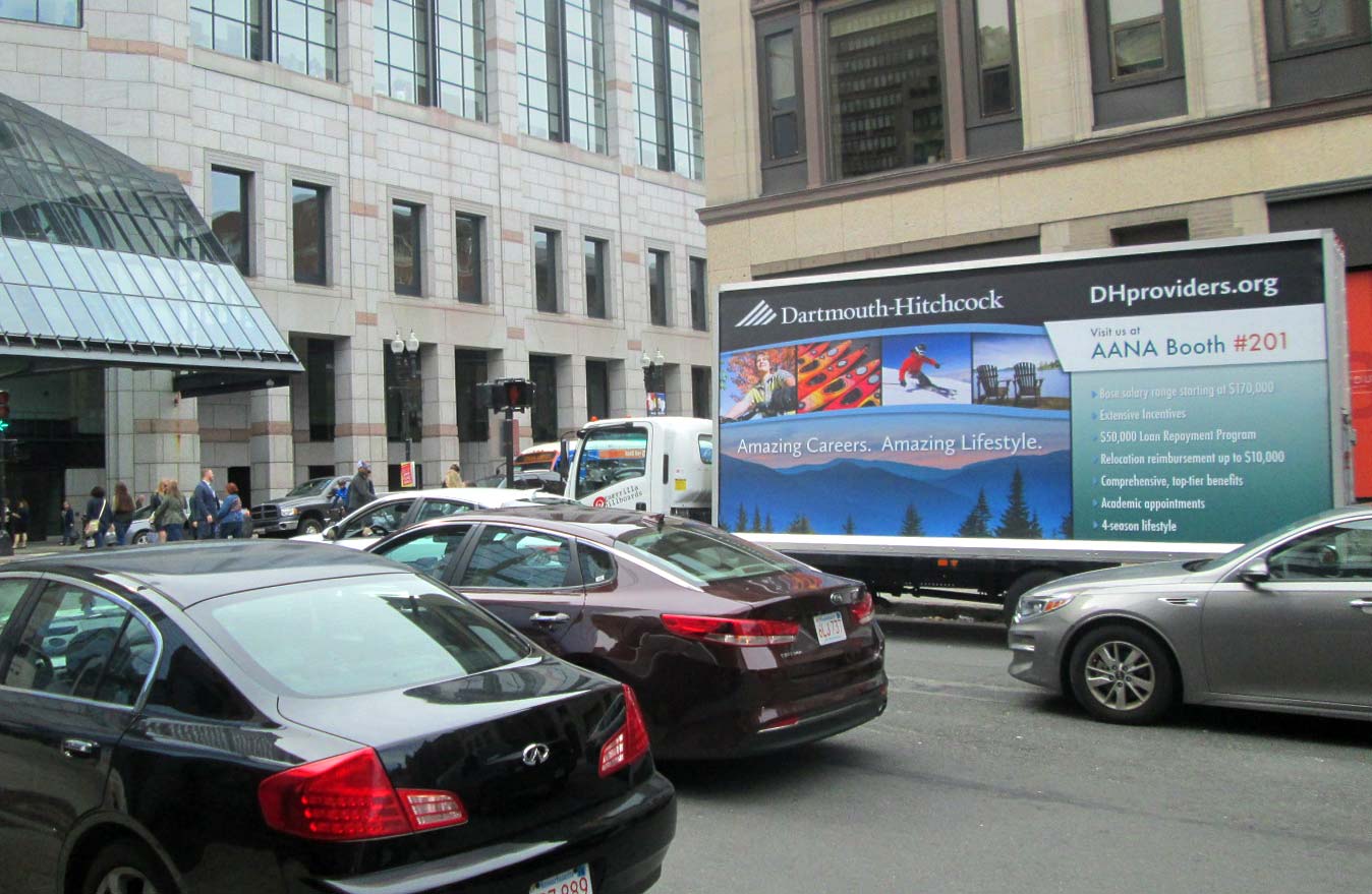 Billboard truck in at the Hynes Convention Center in Boston with an employee recruiting ad