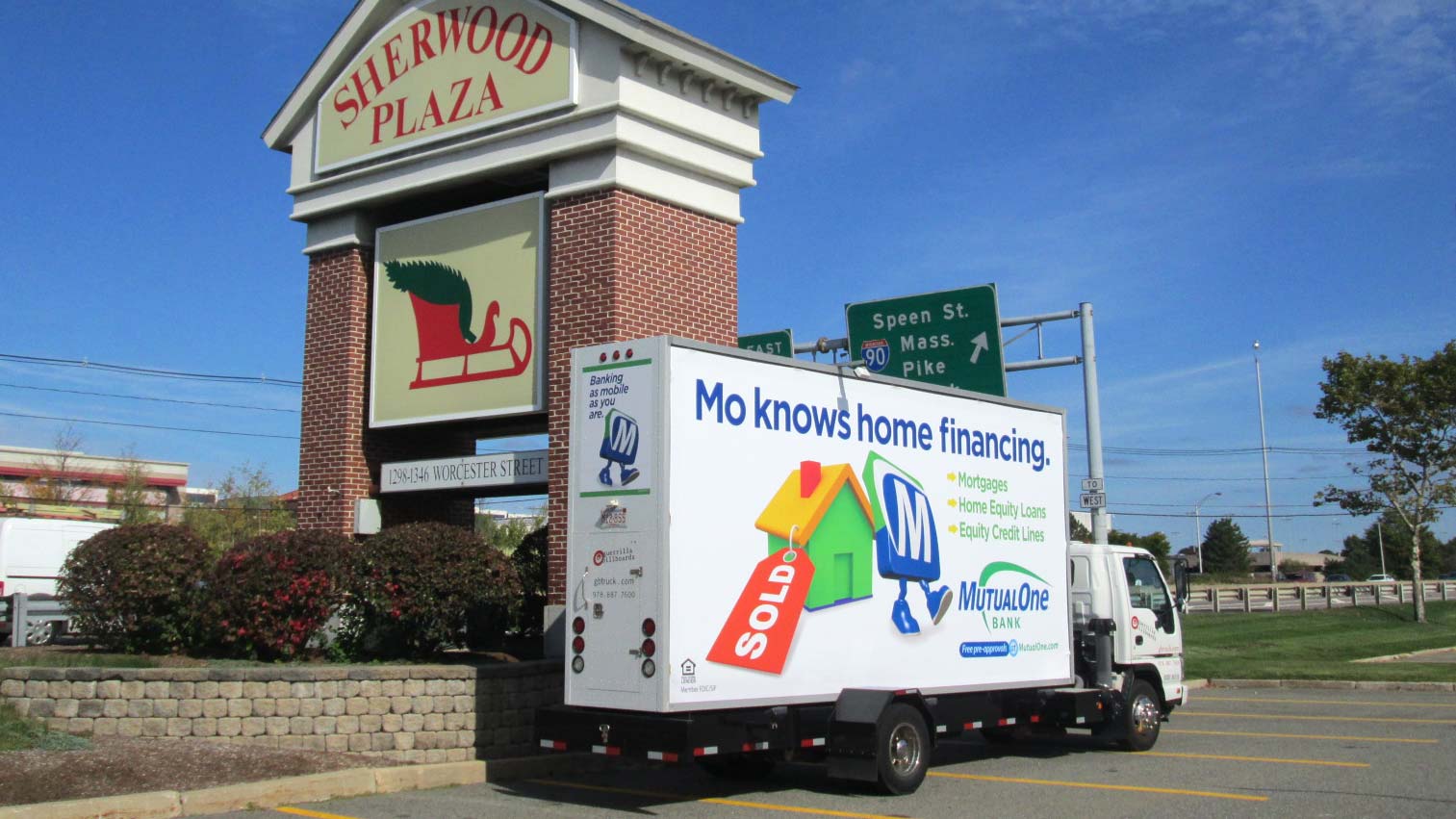 Billboard truck advertising home equity loans and residential mortgages near Boston.