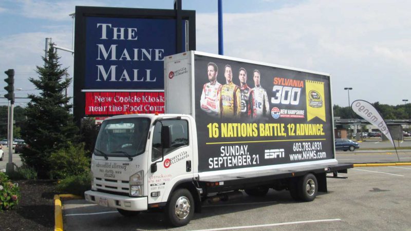 Mobile billboard truck in Portland Maine advertising a NASCAR race