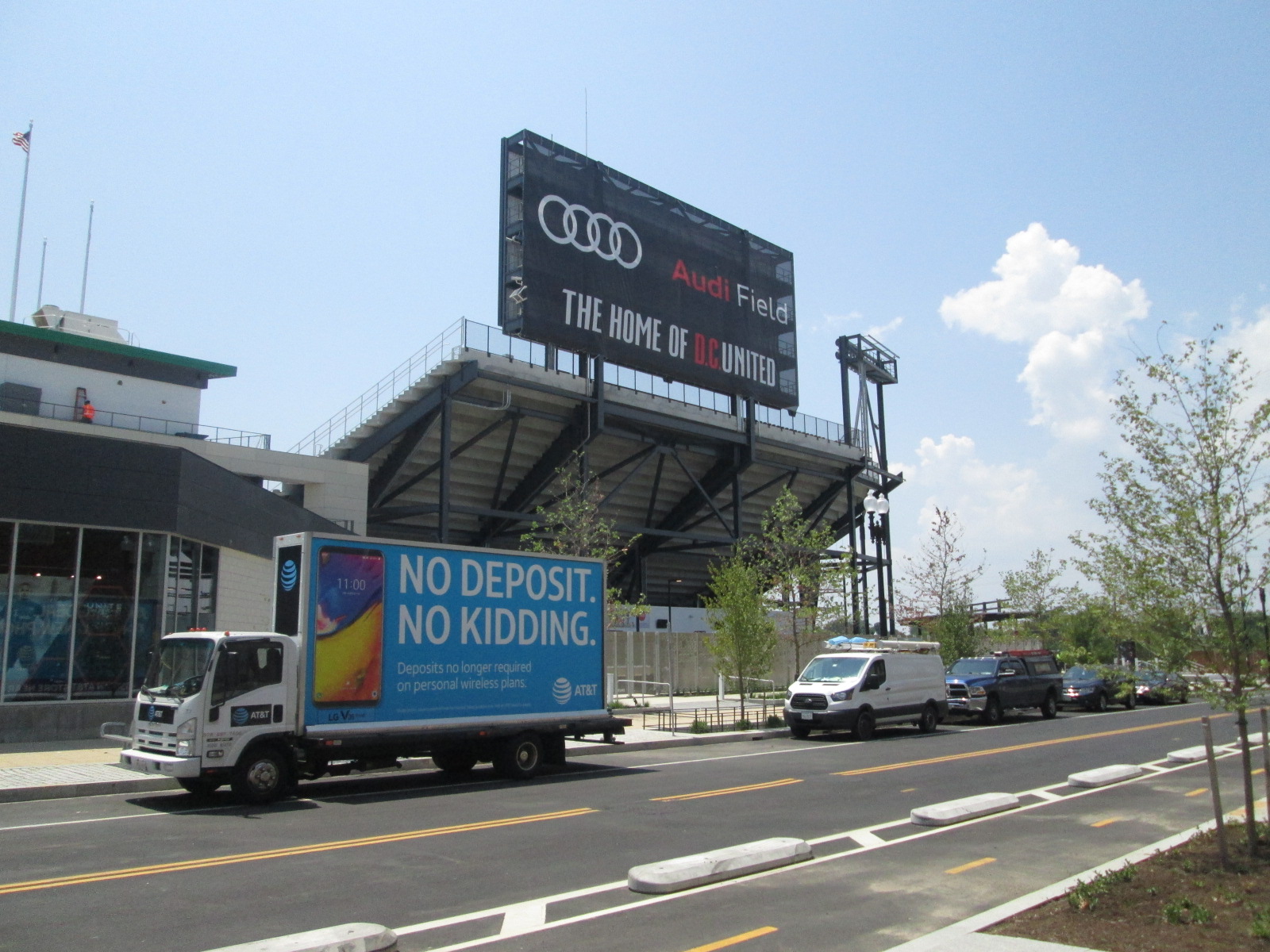 Billboard truck stopped in front of Audi Field in Washington DC