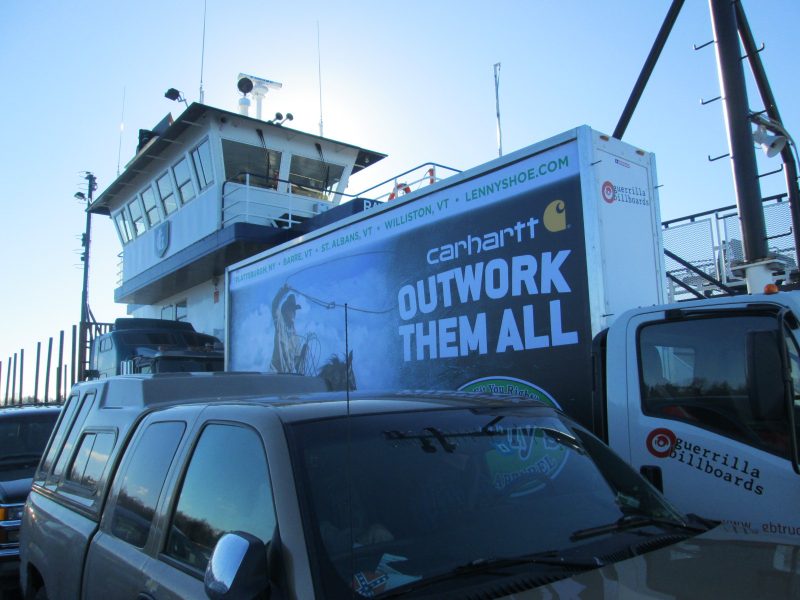 Mobile billboard truck aboard the Lake Champlain Ferry heading to Plattsburgh NY