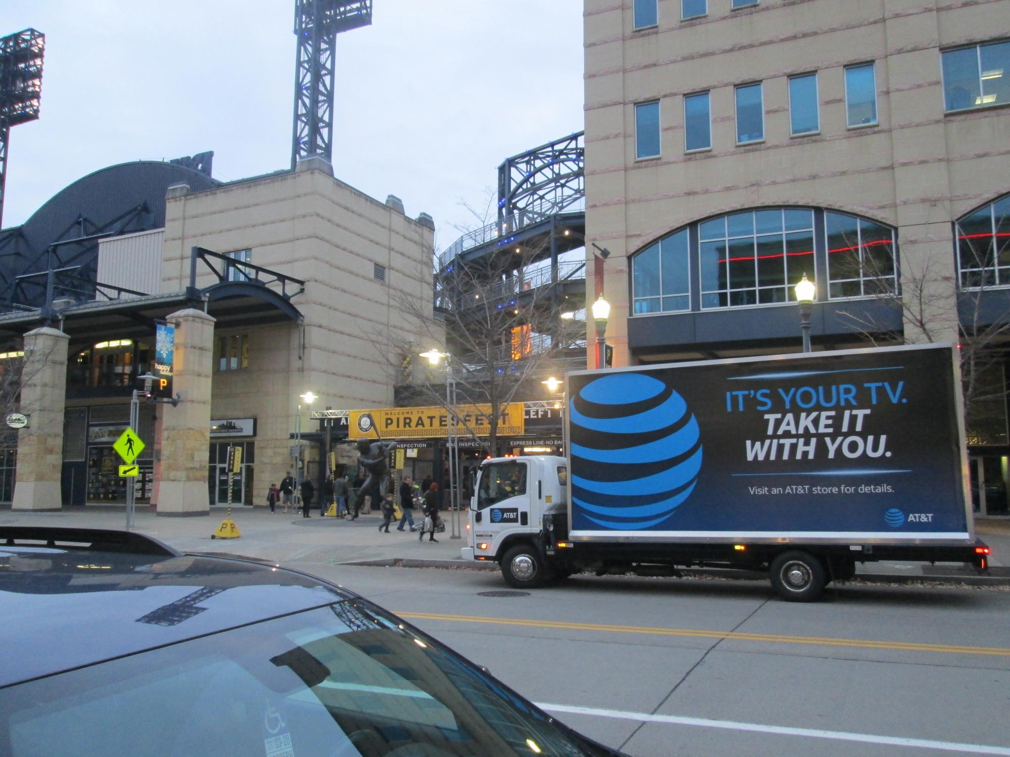 Billboard truck stopped in front of PNC Park, Pittsburgh