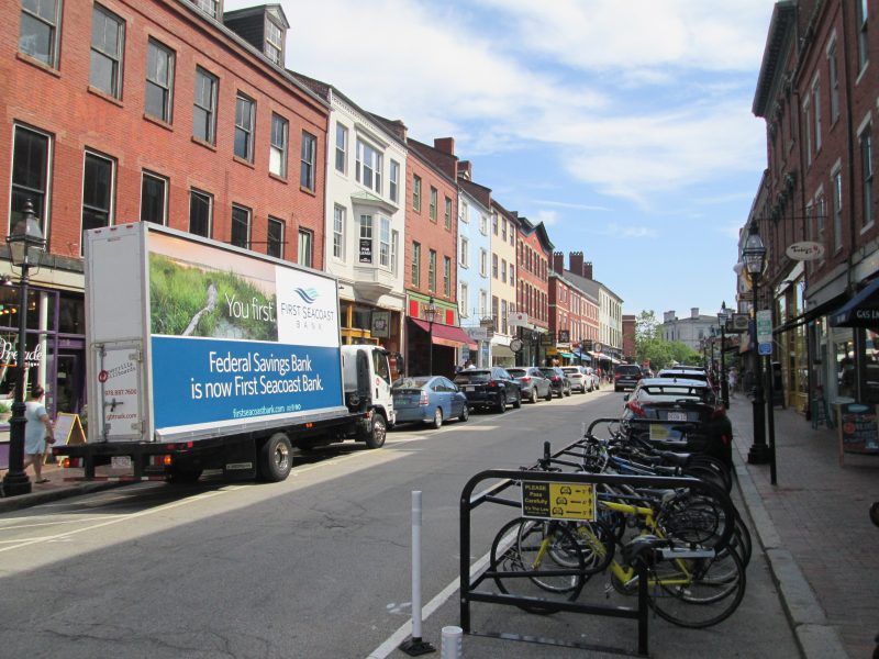 First Secoast Bank billboard truck ad in downtown Portsmouth NH