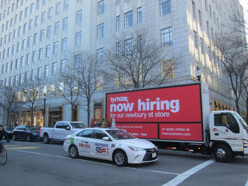 TJ Maxx NOW HIRING billboard truck ad in Boston