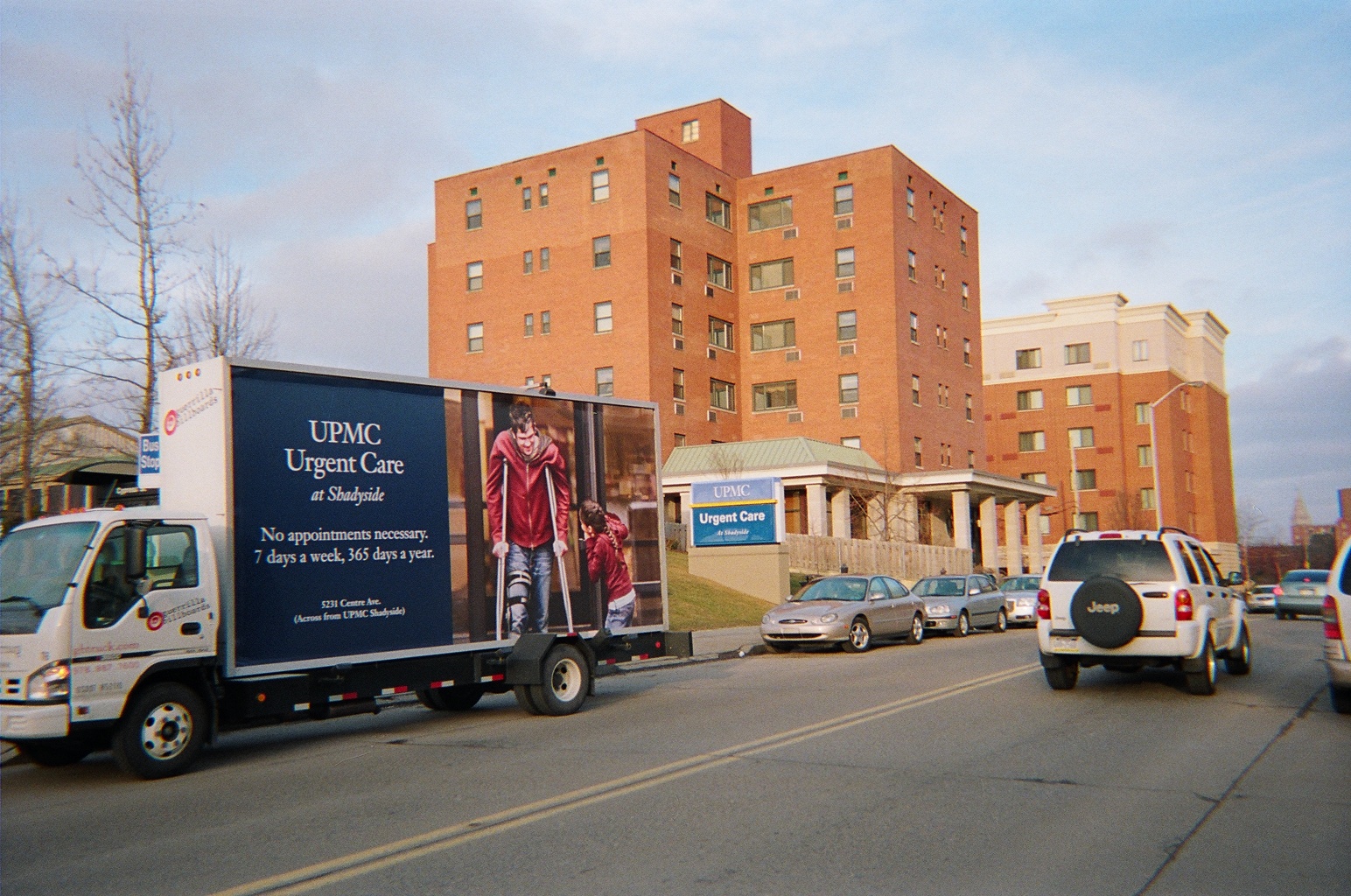 Billboard truck promoting urgent care center opening in Pittsburgh PA