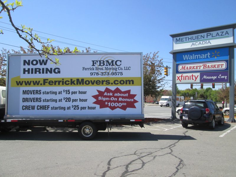 Mobile billboard truck at Methuen Plaza in Methuen MA