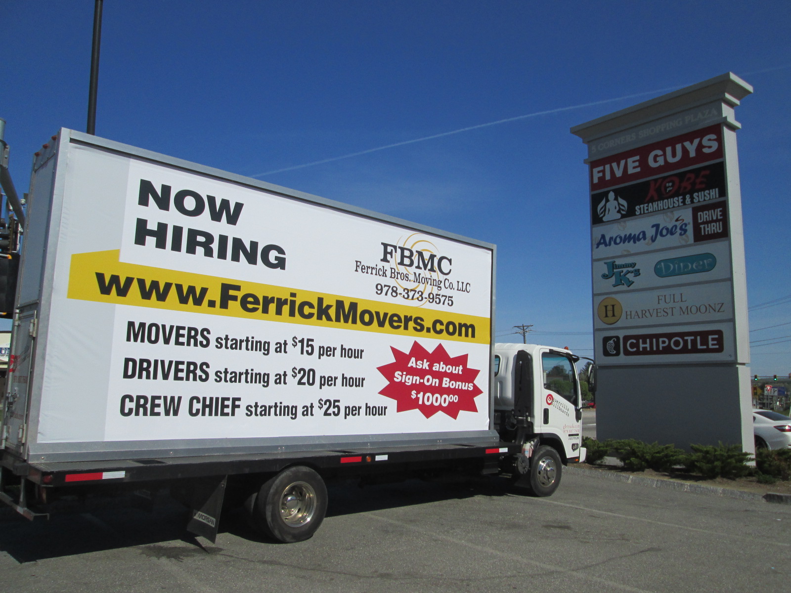 Mobile billboard truck at 5 Corners Shopping Plaza in Haverhill MA