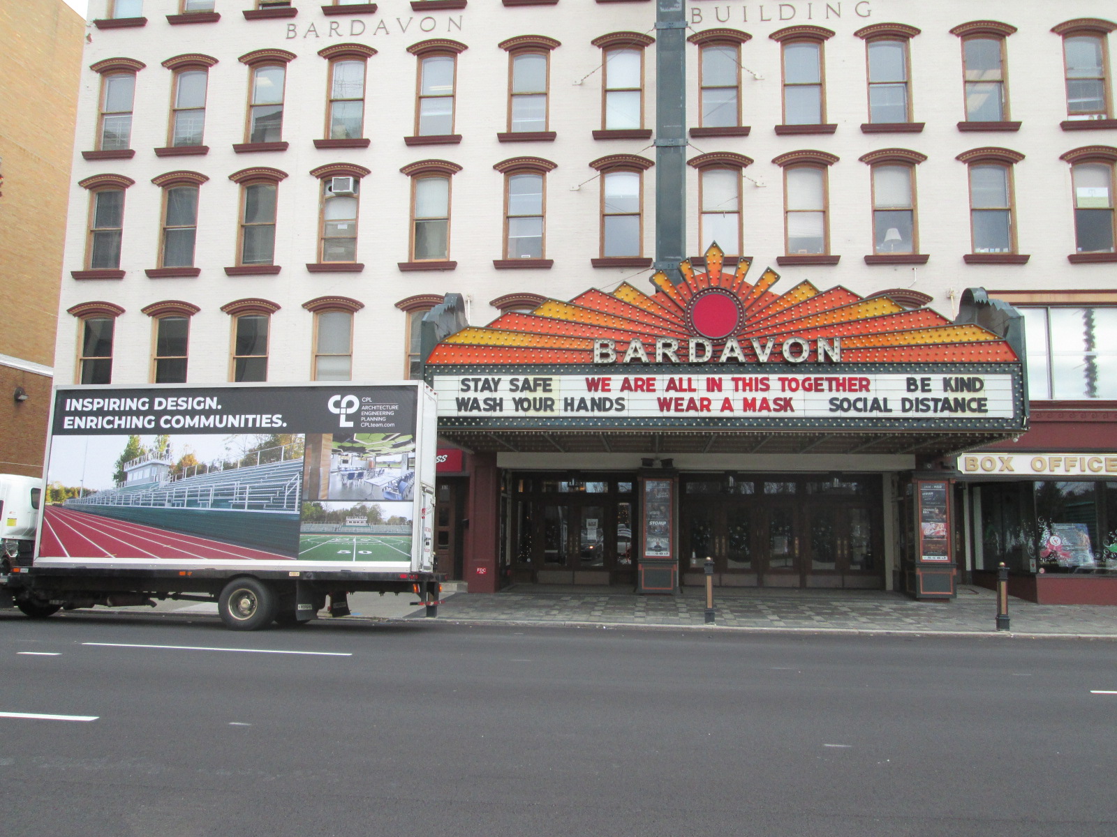 Mobile billboard stopped at the Bardavon Theater in Poughkeepsie NY.