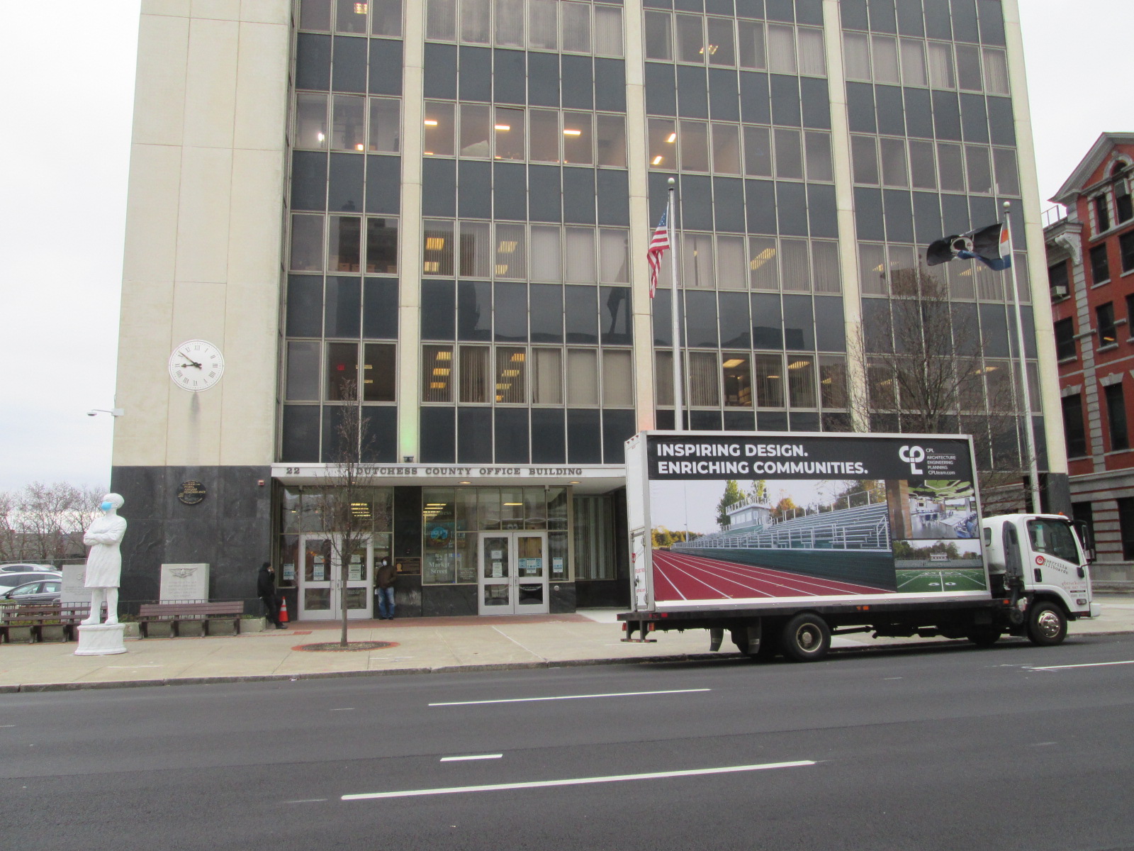 Billboard truck stopped in front of the Dutchess County Office Building in Poughkeepsie NY