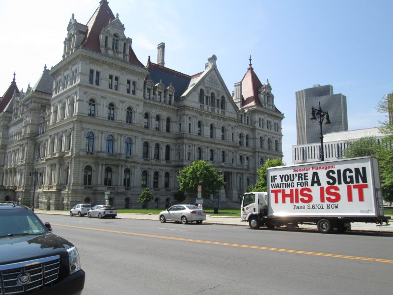 2018 NYSUT convention mobile billboard stopped in front of the NY State Capitol in Albany NY