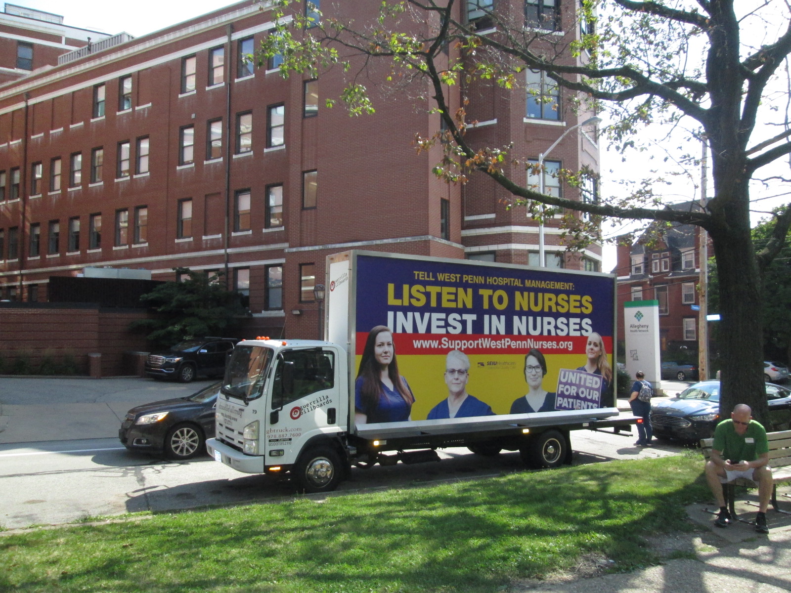 West Penn Nurses billboard truck stopped at West Penn Hospital in Pittsburgh