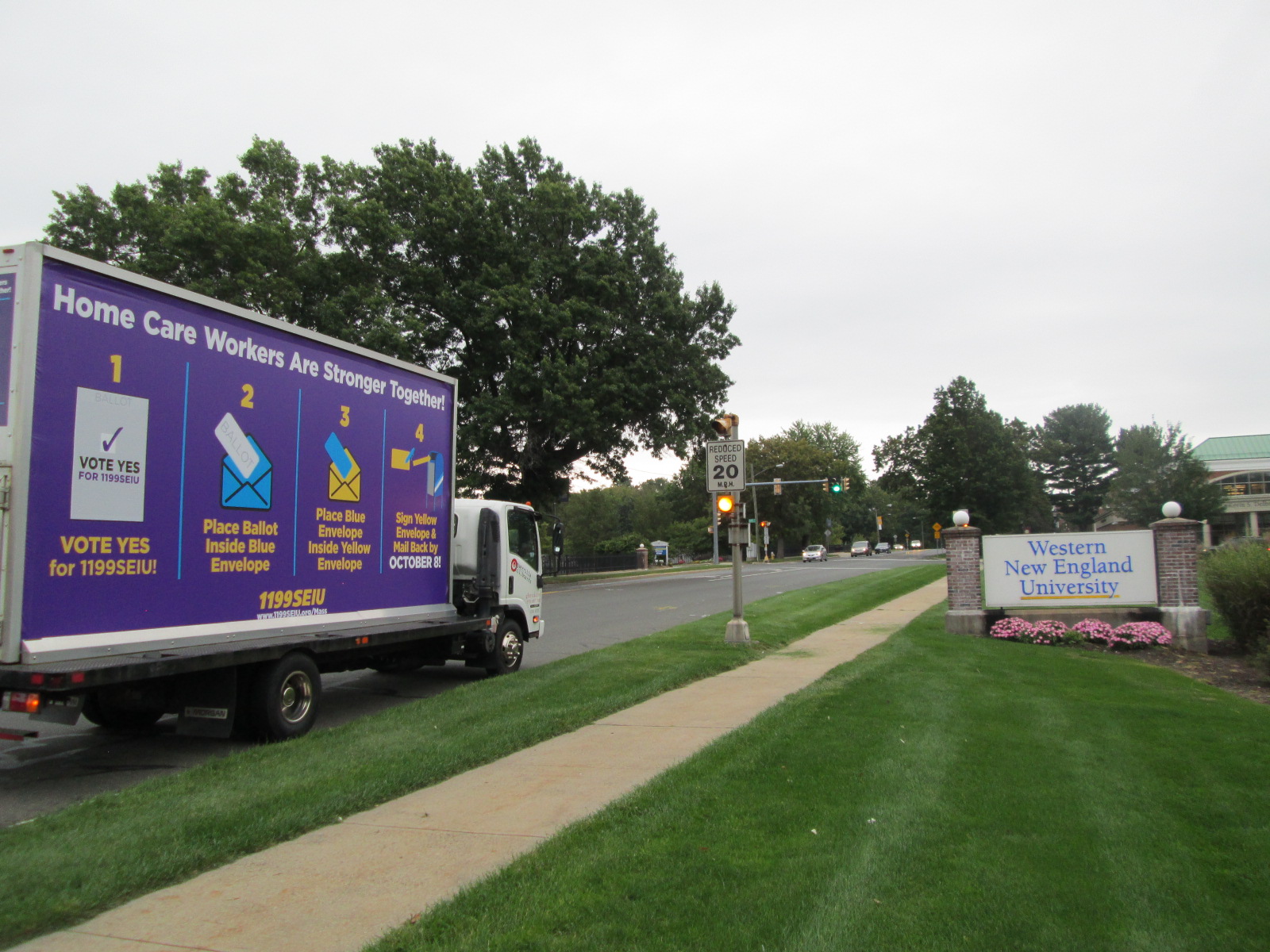 Mobile billboard truck stopped at Western New England University in Springfield MA