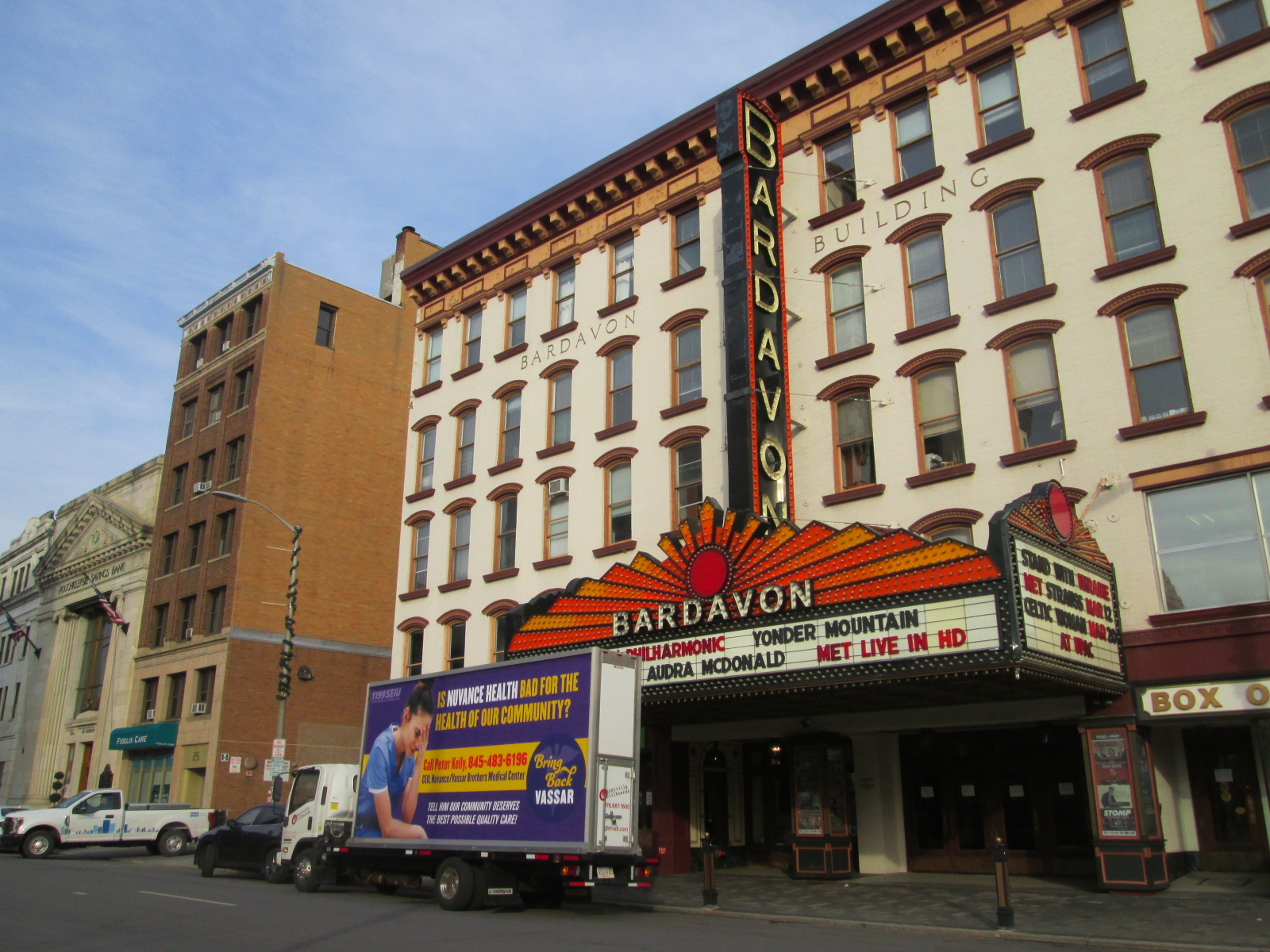 1199 SEIU mobile billboard stopped in front of the Bardavon Theatre in Poughkeepsie NY