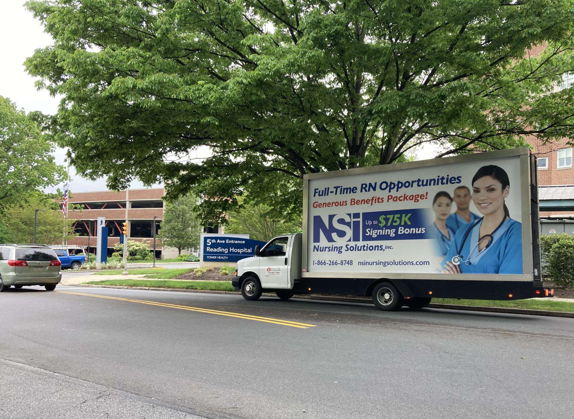 Employee recruiting ad on a mobile billboard truck in Reading PA