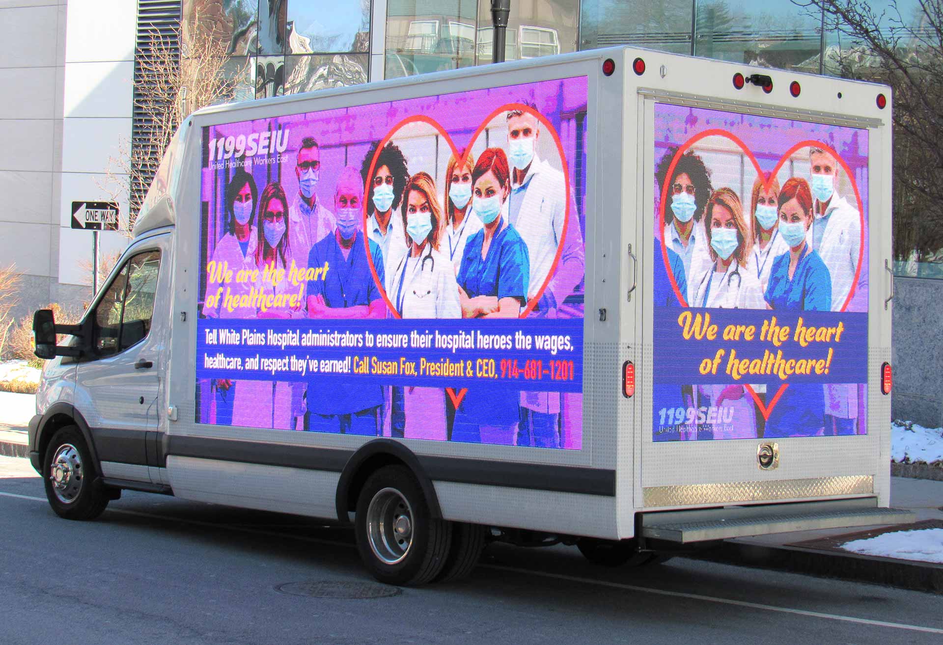 Healthcare union mobile billboard ad at White Plains Hospital in White Plains NY