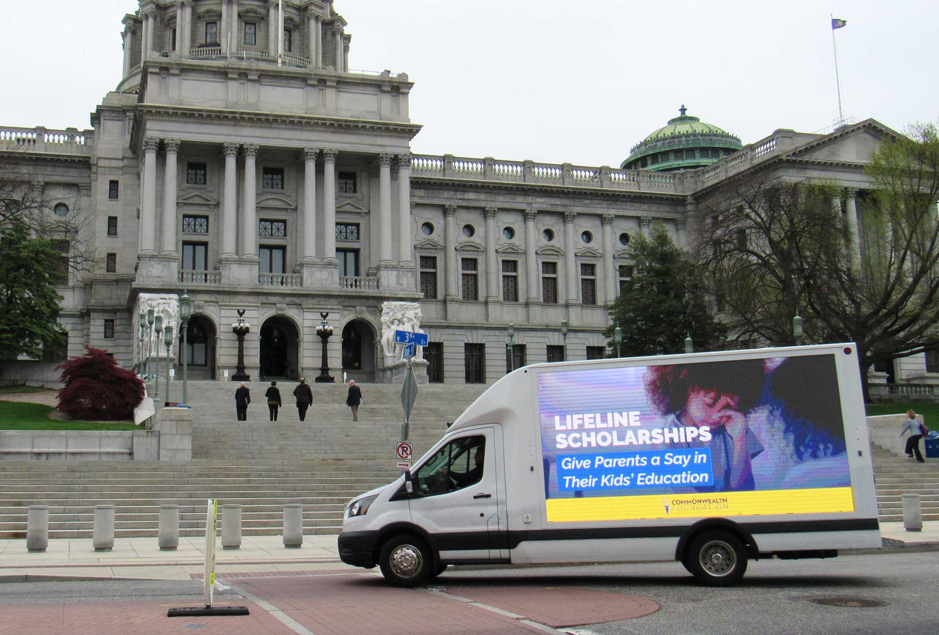 LED Digital mobile billboard truck parked in front of the Pennsylvania State Capitol in Harrisburg