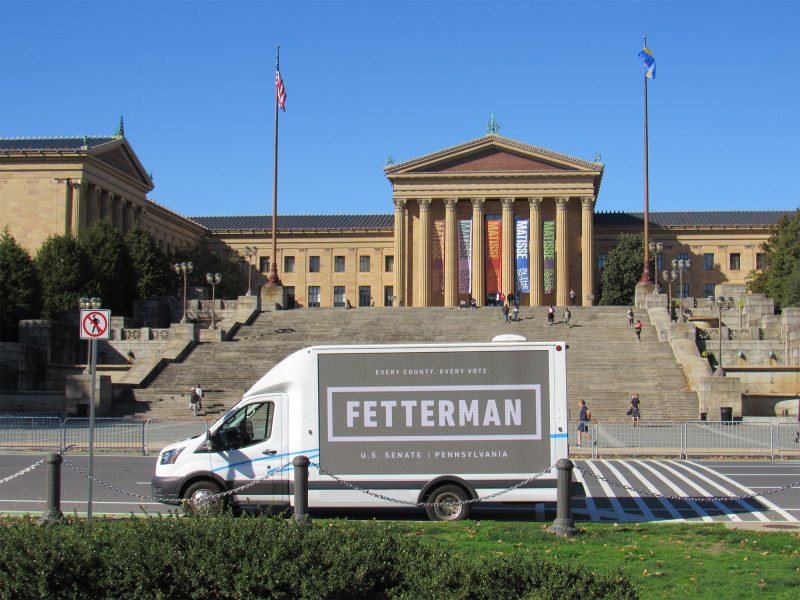 LED Mobile billboard stopped in front of the Philadelphia Art Museum in November 2022