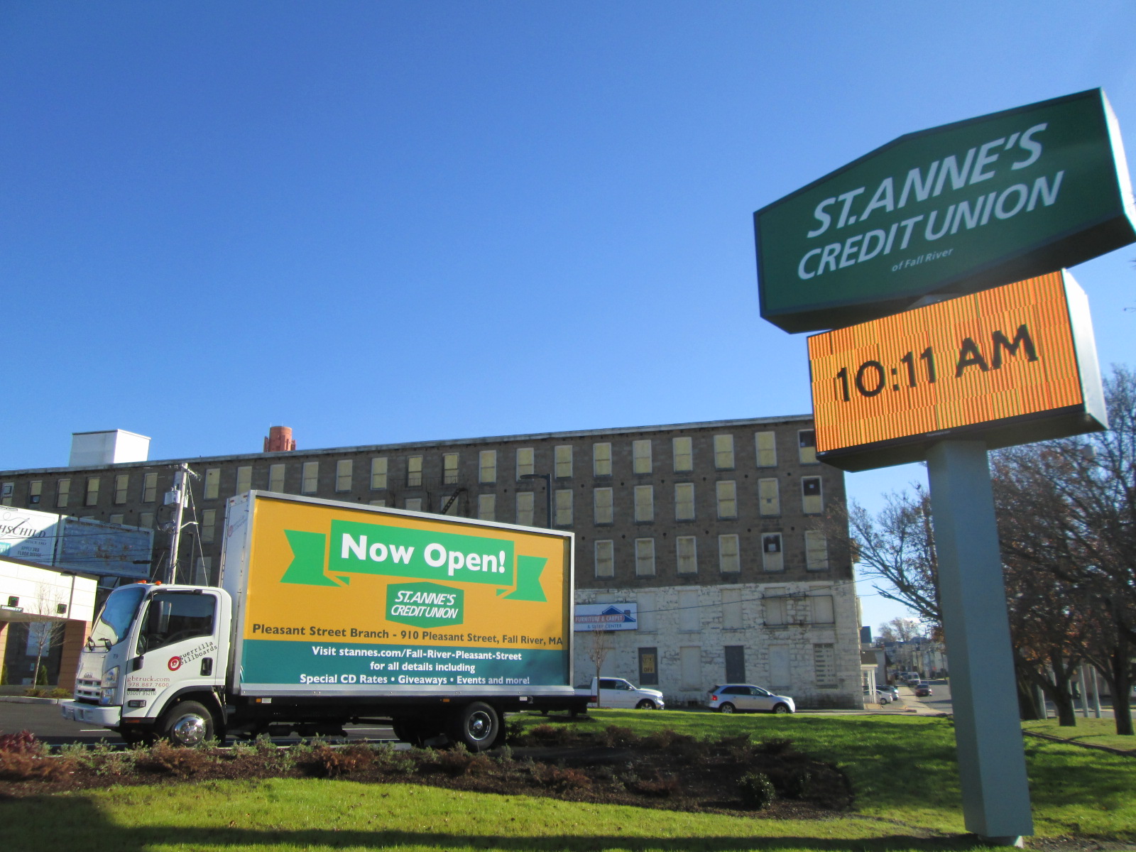 Mobile billboard truck stopped at St. Anne's Credit Union branch in Fall River MA