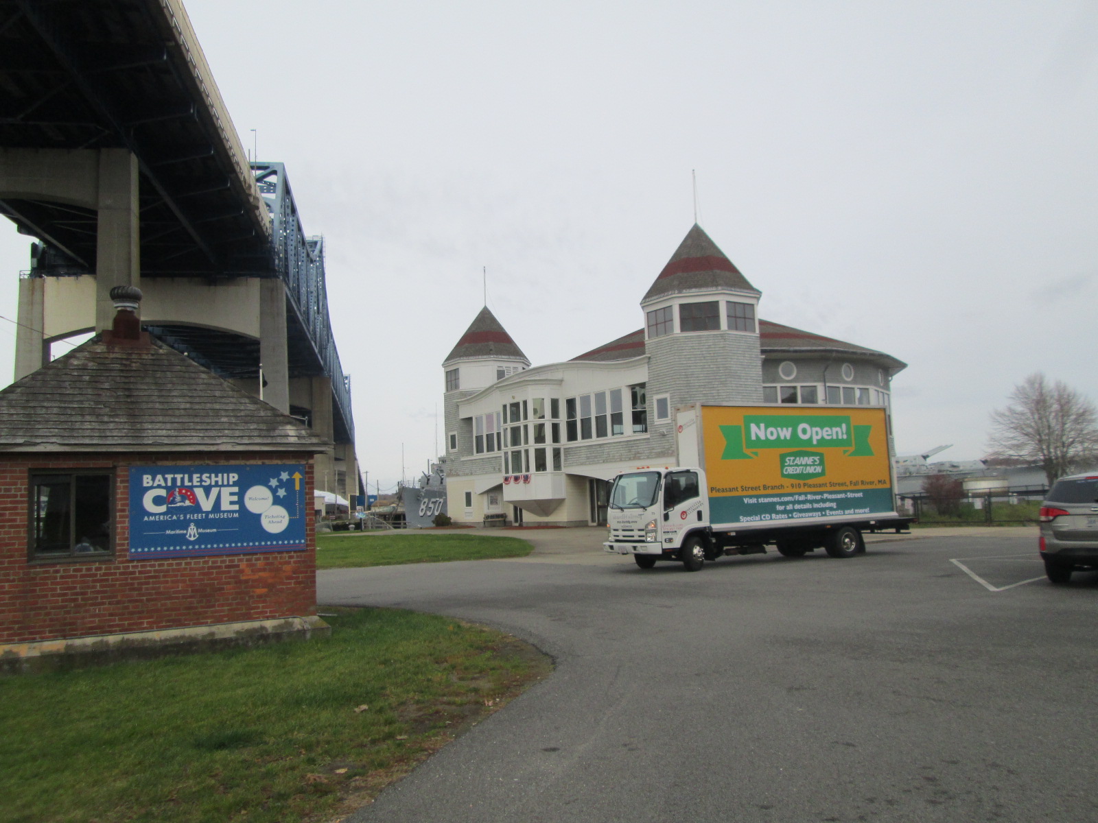 Mobile billboard truck stopped at Battleship Cove in Fall River MA
