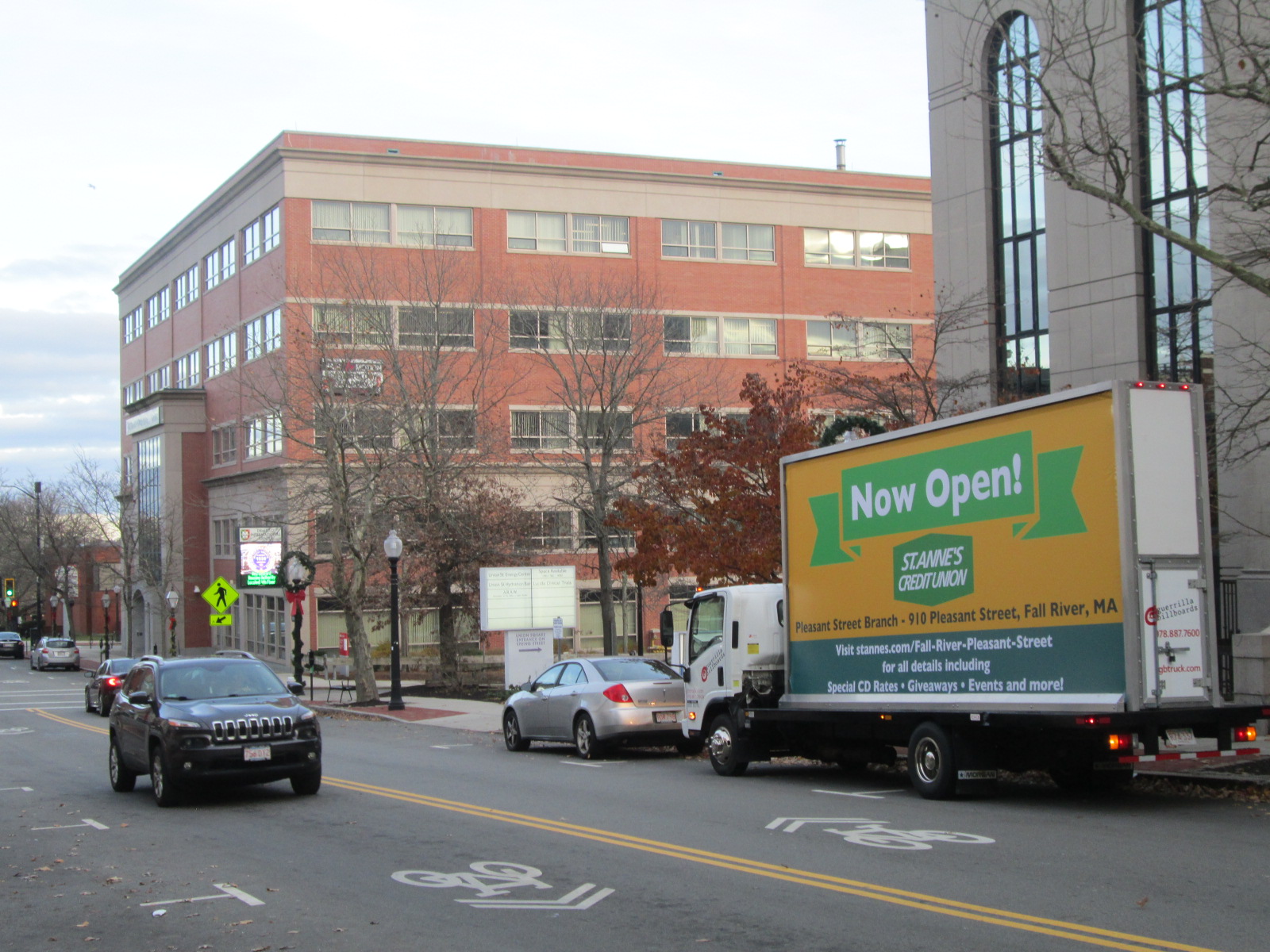 Mobile billboard truck stopped in downtown Fall River MA
