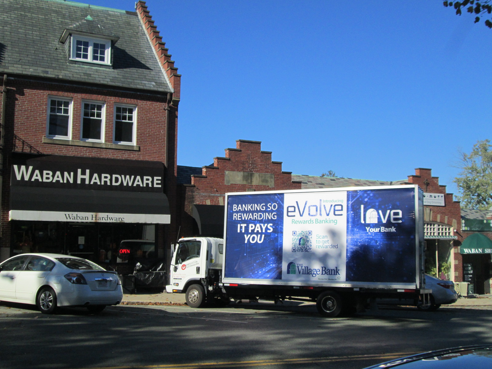 Mobile billboard truck stopped at Waban Hardware in Newton MA