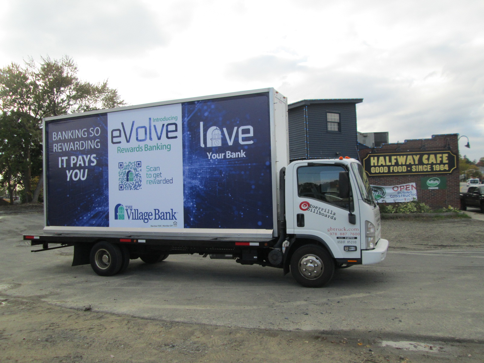 Mobile billboard truck stopped at the Halfway Cafe in Watertown MA