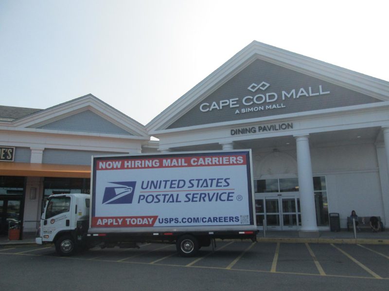 Mobile billboard truck stopped at the Cape Cod Mall, Hyannis MA