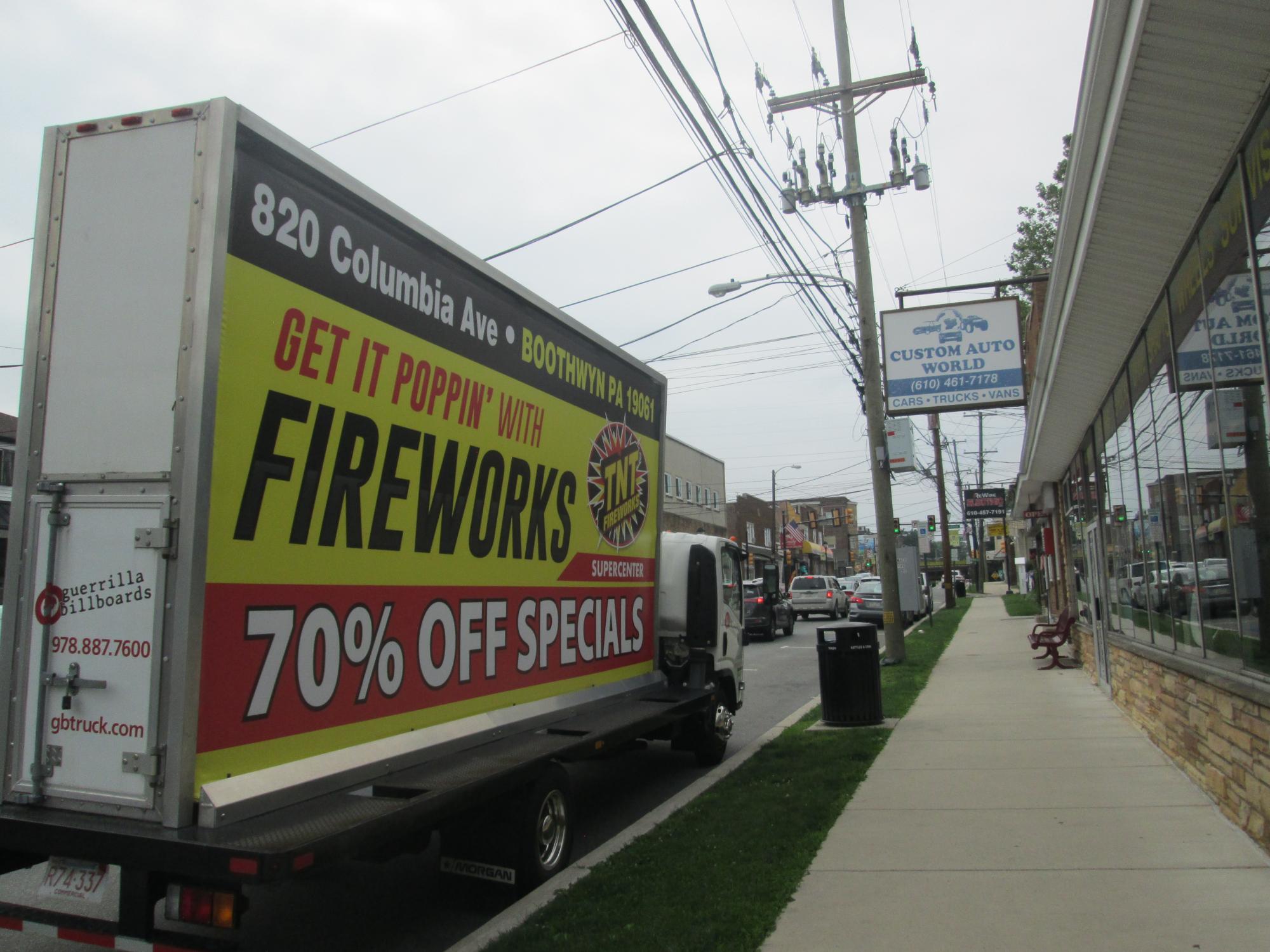 Mobile billboard truck in Philadelphia suburbs.