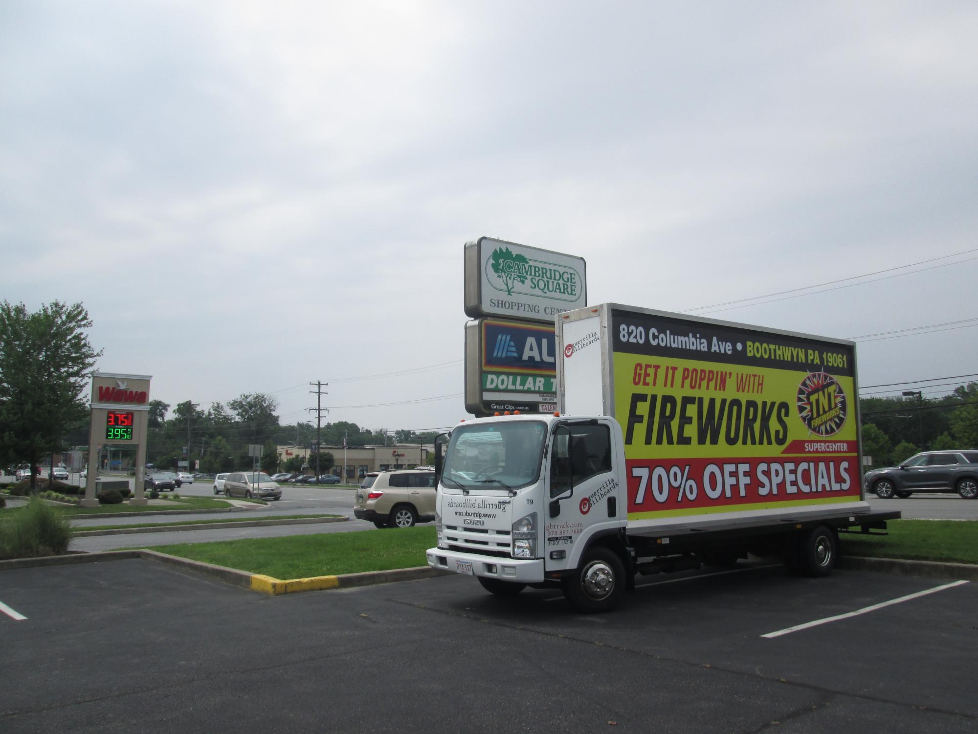 Mobile billboard truck parked at Cambridge Square in Brookhaven, PA.