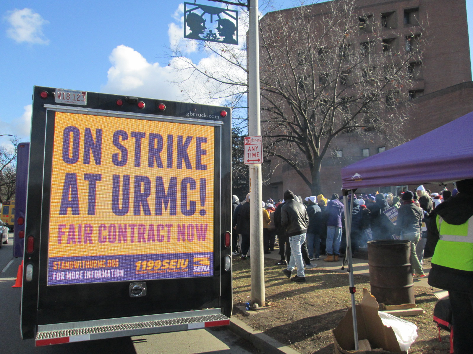 Digital LED mobile billboard truck supporting strikers at University of Rochester Medical Center