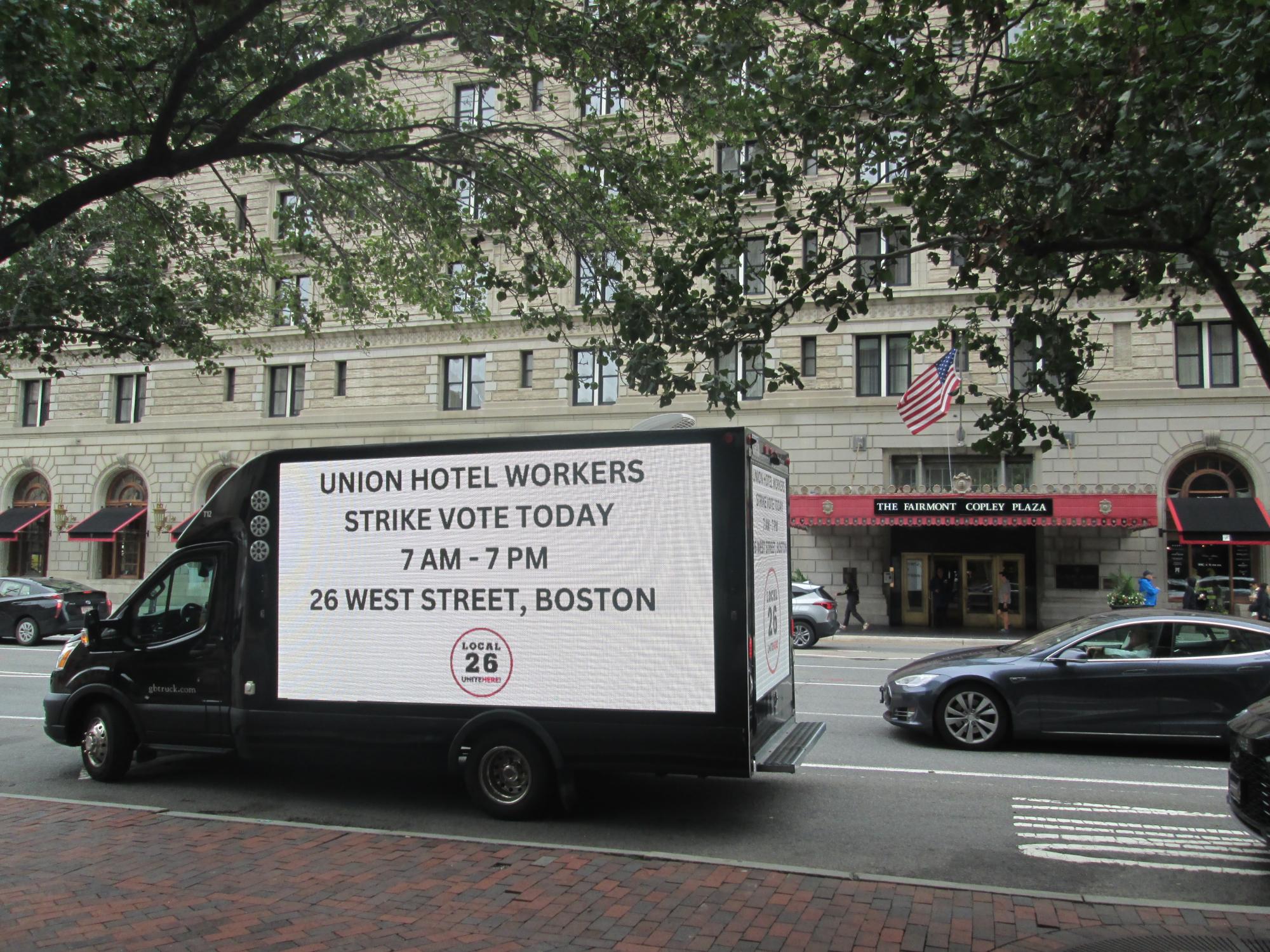 LED Mobile Billboard Displaying Boston Hotel Workers Union Strike Vote Message