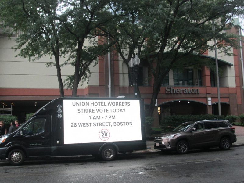 LED mobile billboard displaying a union Strike Vote message