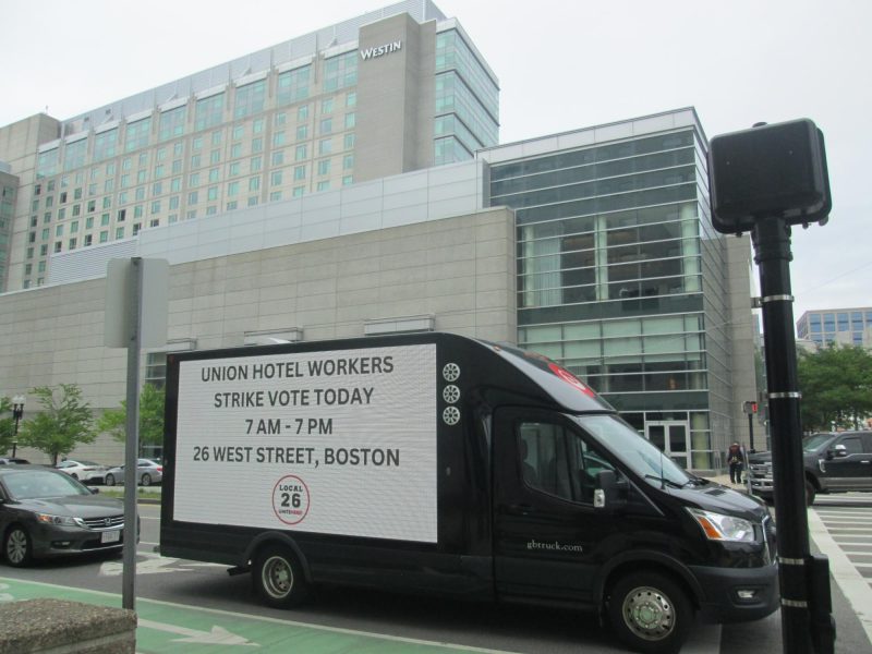 Digital LED moble billboard truck parked on 'D' Street in Boston, across from the Westin Hotel.