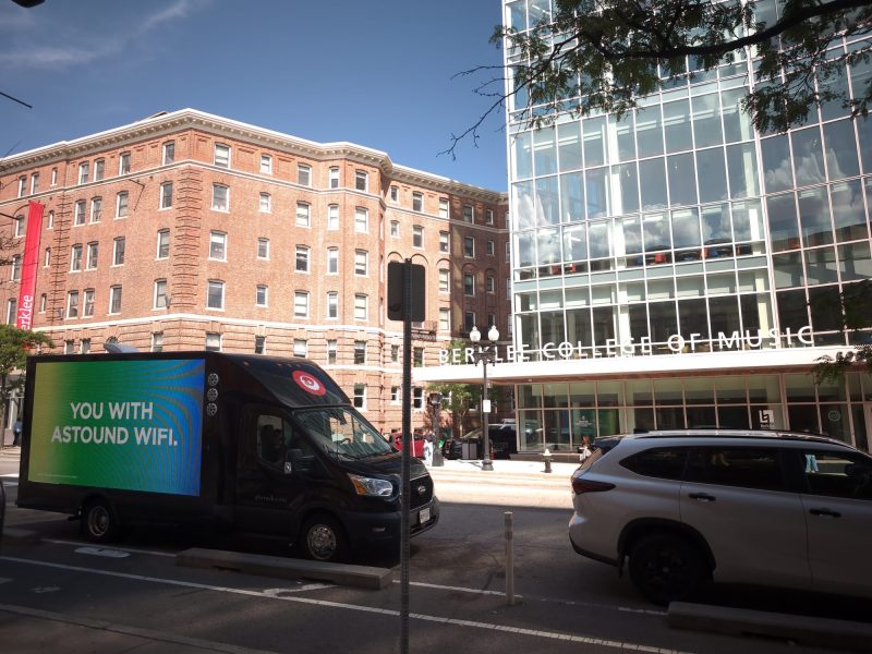 Digital mobile billboard stopped across from the Berklee College of Music on Mass Ave. in Boston.