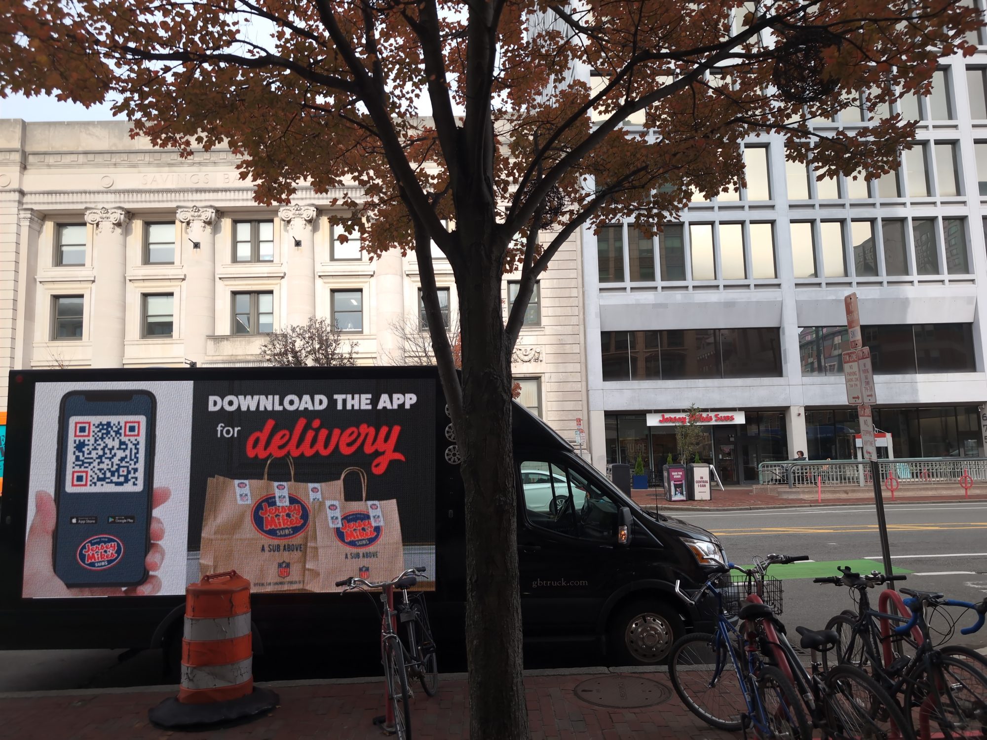 Jersey Mike's mobile digital billboard stopped in Central Square, Cambridge MA.