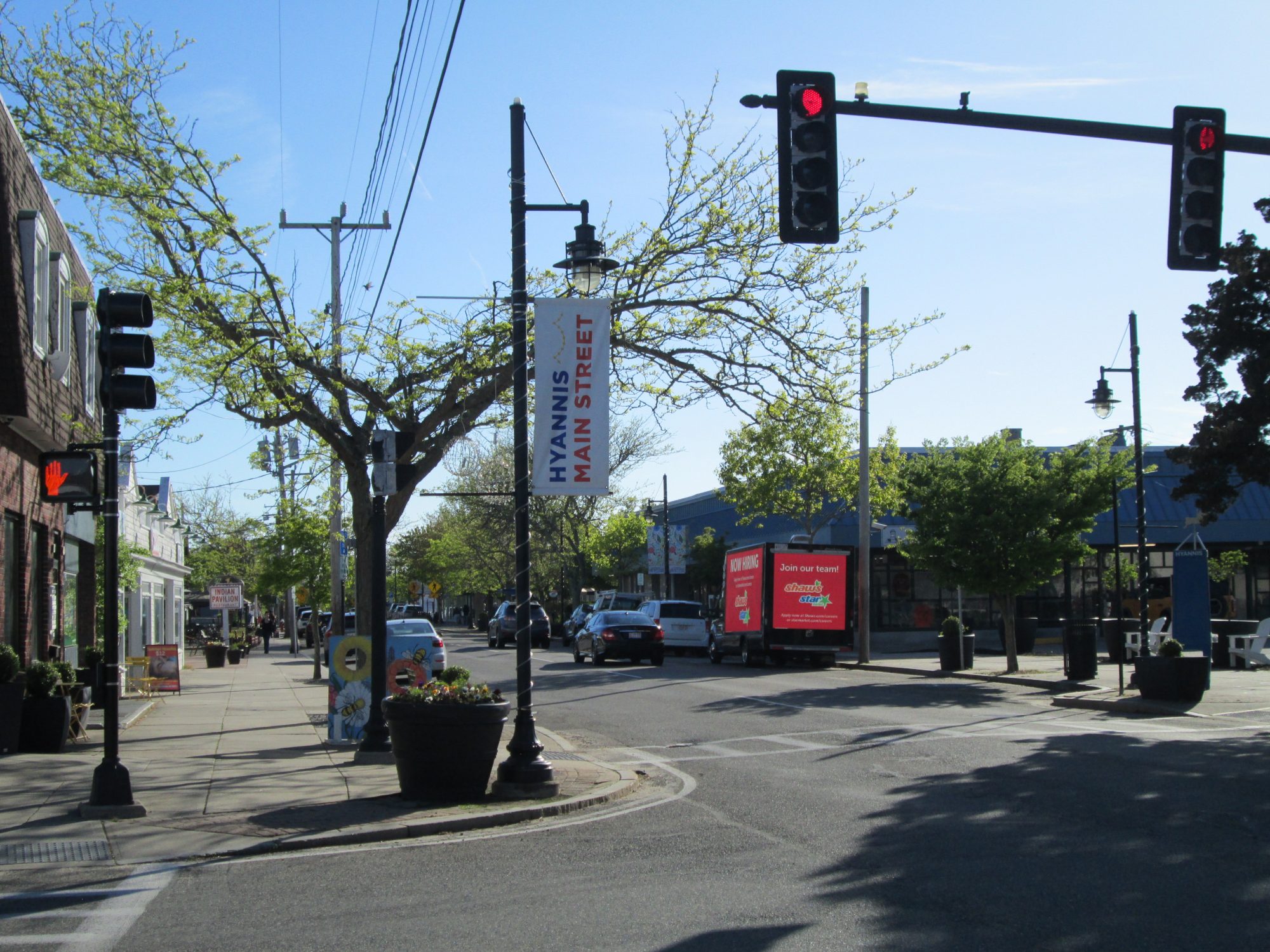 Mobile digital billboard truck parked on Main Street in downtown Hyannis on Cape Cod.