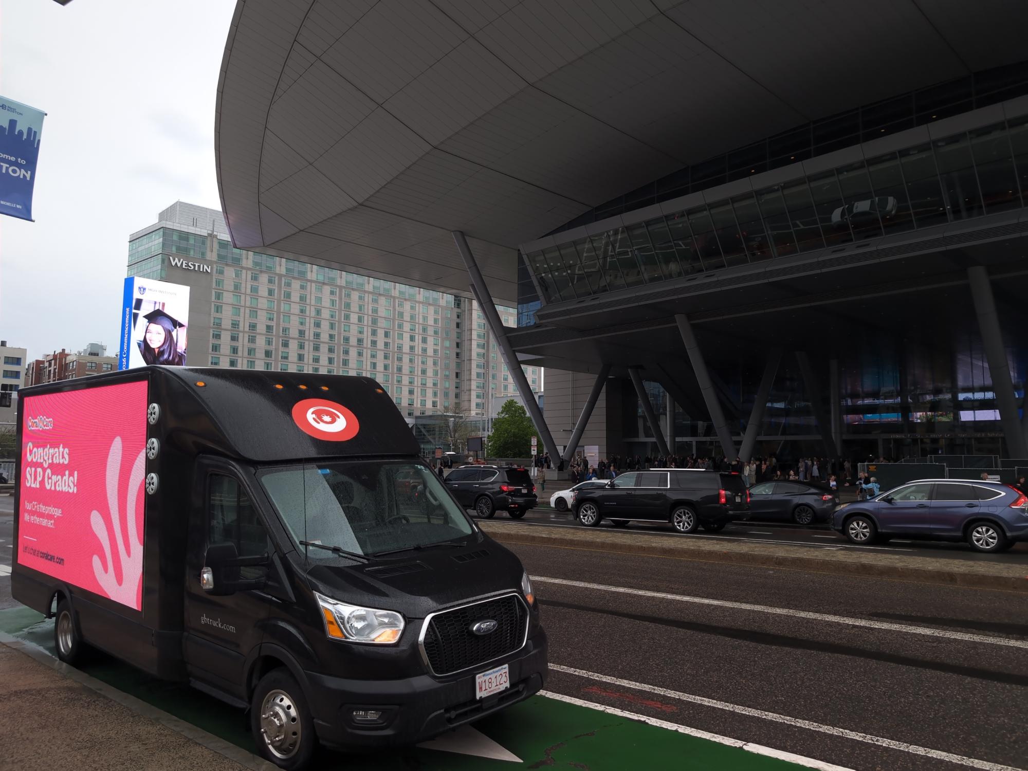 LED advertising truck stopped across from the Thomas Menino Convention & Exhibition Center in Boston.