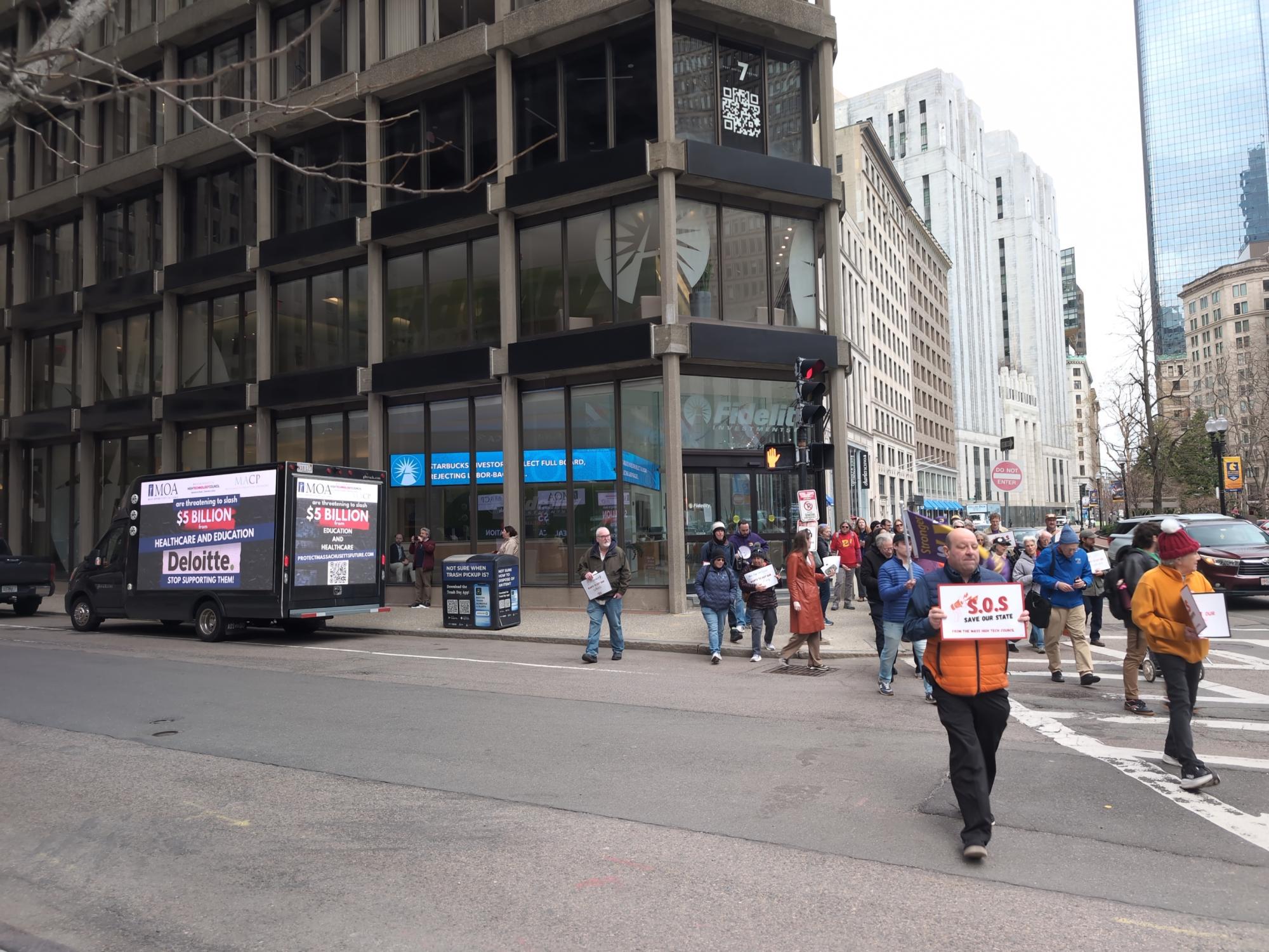 LED Digital mobile billboard truck supporting a public advocacy message on Franklin Street in Boston MA