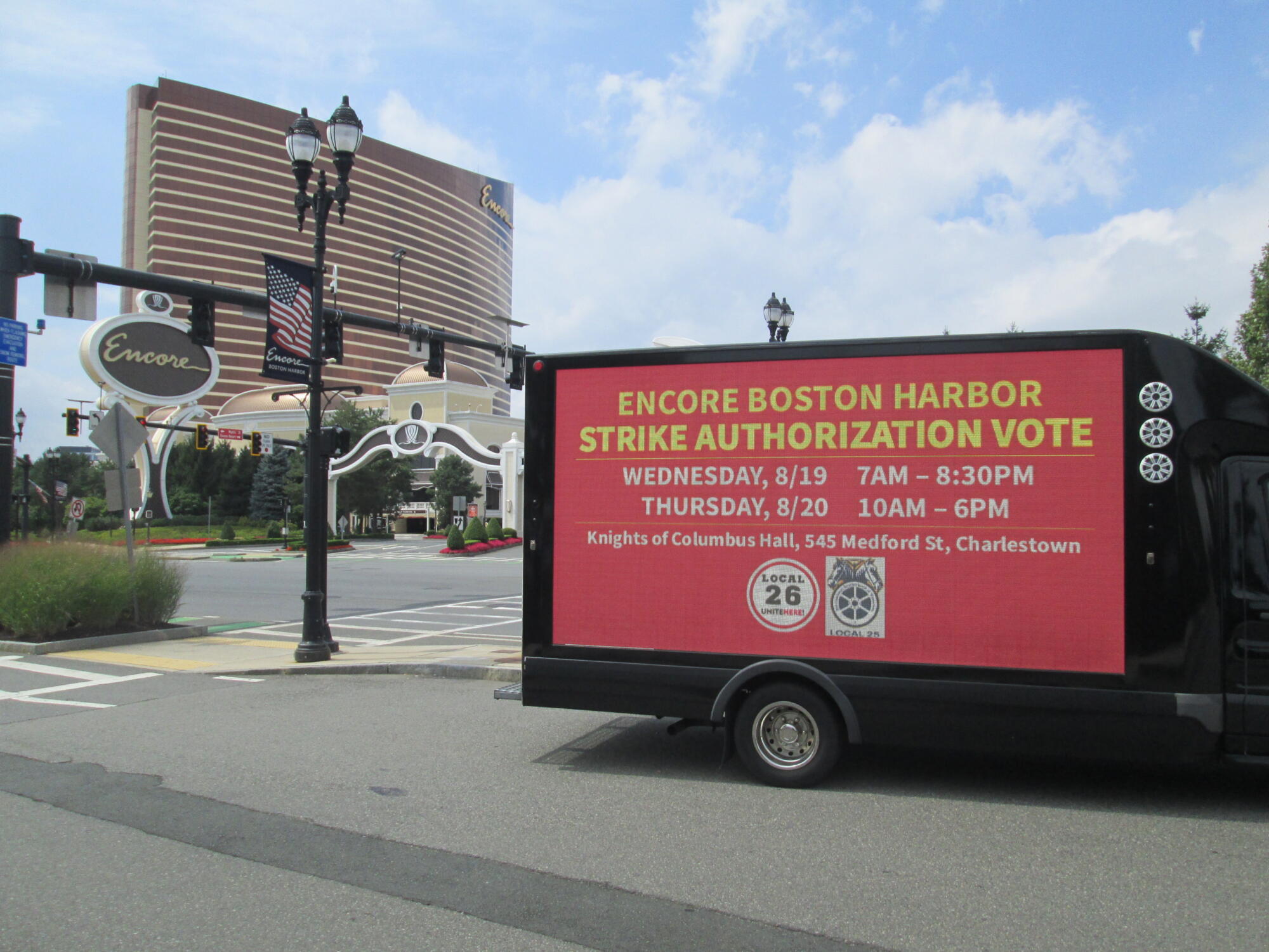 Boston area LED mobile billboard labor union strike vote awareness message in English.